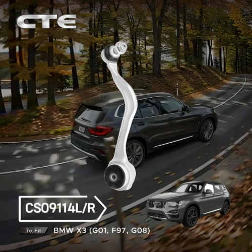 Discover CTE's newly developed CS09114L / CS09114R front axle control arms for BMW X3 (G01, F97, G08). Engineered with European chassis expertise to restore premium handling. Explore 10 new X3 suspension parts online now.
